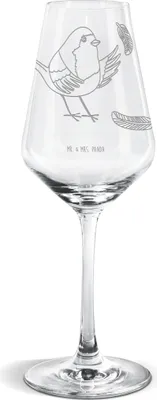 Produktbild von Mr. & Mrs. Panda Weißwein Glas Rotkehlchen Federn - Transparent - Geschenk, Spruch Mut, Vogel, fliegen, Weißweinkelch, Motivation Sprüche, Weinglas Für, Kelch, wein