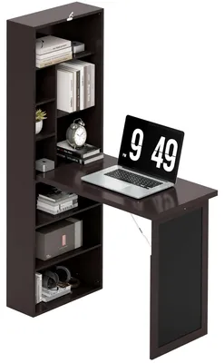 Produktbild von Moderner Klappschreibtisch mit Bš¹cherregal und Tafel, Holz und Metall, 98 x 51 x 153 cm, Braun