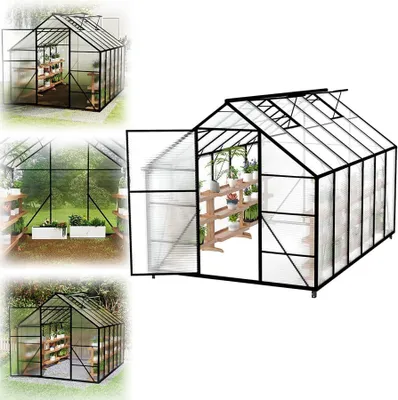 Zdjęcie produktu dla Szklarnia aluminiowa QEENTOE z fundamentem, 365x250x205 cm, szklarnia z oknami dachowymi, odporna na warunki zimowe i promieniowanie UV, stabilna szklarnia ogrodowa do uprawy pomidorów