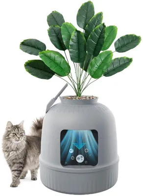 Produktbild von Katzentoilette mit Kunstpflanze und Schaufel, Versteckt, Grau, für große Katzen