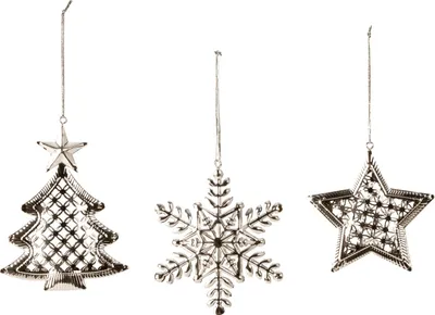 Produktbild von 12 Stück Weihnachtsanhänger Metall Silber Schneeflocke Stern Tanne
