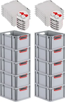 Produktbild von SuperSparSet 10x Eurobox NextGen Color mit Scharnierdeckel und Schiebeschnappverschlüssen | HxBxT 22x30x40cm | 20 Liter | Grau | Griffe rot offen | Glatter Boden | Eurobehälter, Transportbox, Transportbehälter, Stapelbehälter