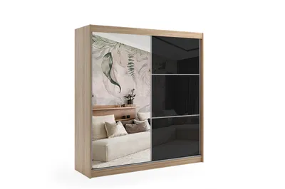 Produktbild von ALTDECOR Kleiderschrank mit Spiegel und Schiebetüren, kugelgelagerte Führungsschienen und Aluminium-Leisten - VIVONA - mit LED-Beleuchtung und Fernbedienung - 200 cm - Hellbraun/Schwarz