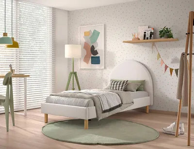 Image de VIPACK - Lit rembourré MOON avec surface de couchage 90 x 200 cm, sommier à lattes inclus, housse en tissu Boucle très tendance en blanc
