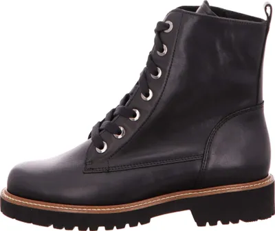 A black leather lace-up boot is shown against a white background.