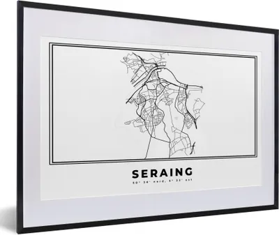 Produktbild von MuchoWow® Gerahmtes Poster Karte - Stadtplan - Seraing - Belgien - Schwarz und weiß 60x40 cm - Poster mit Schwarzem Bilderrahmen Wandposter Rahmen Foto Bilder - Schlafzimmer - Plakat in Rahmen - Drucken