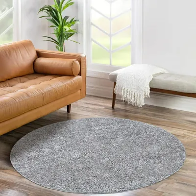 Produktbild von Shaggy Hochflor Teppich Wohnzimmer - Rund 200 cm - Grau - Einfarbige Schlafzimmer-Teppiche