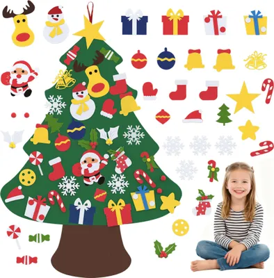Image de XMTECH Bricolage Arbre de Noël en feutre avec 32 décorations amovibles - Décoration créative de porte et de mur pour enfants, Noël Home Deco, type A