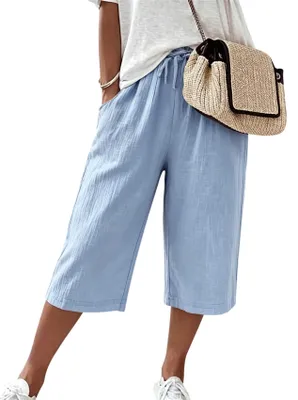 Produktbild von ASKSA Damen 3/4 Leinen Sommerhose Leicht Caprihose Bequeme Locker Hosen Freizeithose Strandhose mit Taschen Hellblau M