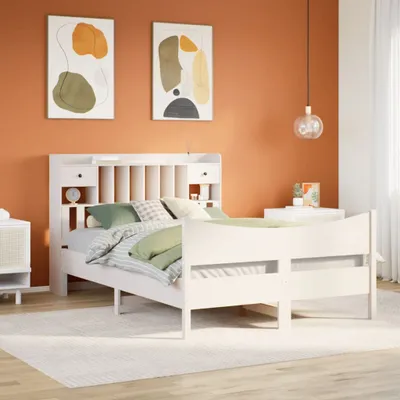 Imagen del producto de Maison Exclusive: Estructura de cama con somier y colchón, color blanco, 140 x 200 cm, fabricada en madera maciza de pino