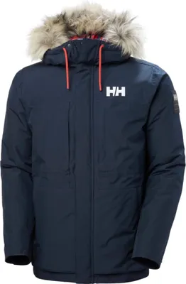 A navy blue Helly Hansen parka with a fur-lined hood.