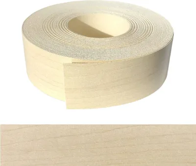 A roll of wood veneer edge banding with a sample strip shown below.
