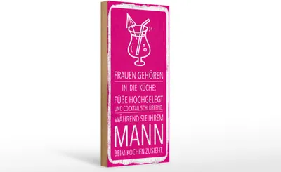 Produktbild von Holzschild  Frauen Küche während Sie Mann beim Kochen zusieht, 27 x 10 cm, Holzschilder Spruch Küche Kochmütze