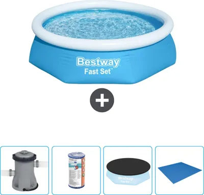 Immagine prodotto di Piscina gonfiabile rotonda Bestway ad ambientazione rapida - 244 x 61 cm - blu - inclusa pompa - filtro - copertura - telo di fondo