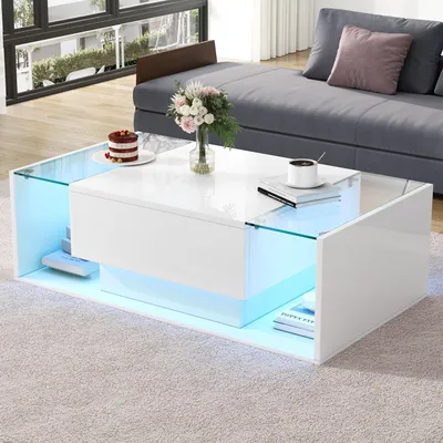 Zdjęcie produktu dla Stolik kawowy Merax 100x50x31cm, stolik rozkładany z regulacją wysokości i szufladą, stolik do salonu z oświetleniem LED i hartowanym szkłem, wysoki połysk, biały