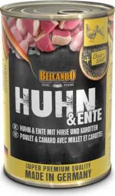 A can of dog food with images of ingredients.
