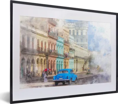 Produktbild von MuchoWow® MuchoWow® Gerahmtes Poster Ein blauer kubanischer Oldtimer in der Innenstadt von Havanna 40x30 cm - Poster mit zchwarzem Bilderrahmen - Bilderrahmen - Poster im Rahmen