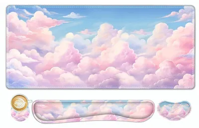 Immagine prodotto di Set di tappetini per mouse di grandi dimensioni (XXL) con poggiapolsi, composto da 4 pezzi, dimensioni 90 x 40 cm, motivo "nuvole", antiscivolo, bordi cuciti