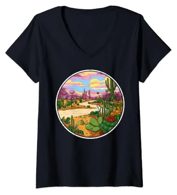Produktbild von Damen Kaktus Wüste Hippie Ausflug Sommerferien Reisen Urlaub T-Shirt mit V-Aussc
