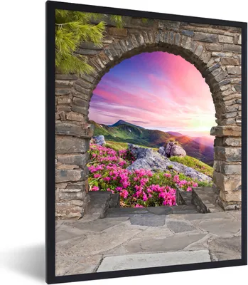 Produktbild von MuchoWow® Gerahmtes Poster Landschaft - Aussicht - Blumen - Berg 60x80 cm - Poster mit Schwarzem Bilderrahmen Wandposter Rahmen Foto Bilder - Premium - Wanddeko Wohnzimmer