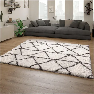 Produktbild von Hochflor Teppich Wohnzimmer Shaggy Langflor Modern Skandi Rauten Grau Creme Grösse 120x160 cm