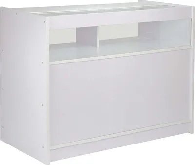 Produktbild von monster-shop Verkaufstheke, Weiß, für Empfang, Büro, Kasse, Einzelhandel, B1200, Glas, 1200x600x900mm (LxBxH), mit Vitrine, flachverpackt