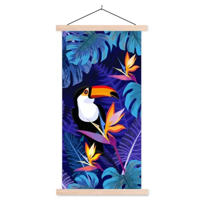 Produktbild von MuchoWow® Textilposter Dschungel - Tukan - Blumen - Pflanzen - Kinder - Lila - Tiere 40x80 cm mit holzfarbenen Rahmen - Wohnzimmer