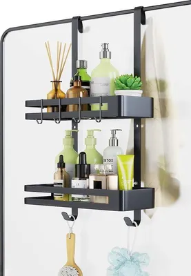 Immagine prodotto di Uniqoos® Porta asciugamani da doccia sospeso, a 2 ripiani, senza foratura – Cesto doccia in acciaio inossidabile per pareti/porte in vetro, 31x12x78 cm, nero, con 4 ventose e 4 ganci