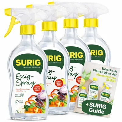 Produktbild von SURIG Essigspray 500 ml im 4er Set + Mini Guide - Hochwertiger Essig Essenz für Haushalt & Küche
