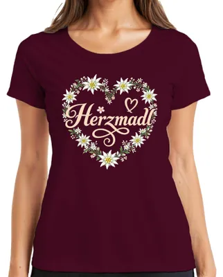 Obrázek produktu pro Herzmadl Edelweiss, květinové srdce, tradiční bavorské oblečení, , koženové kalhoty, sukně Dirndl, dámské tričko, vínová barva, velikost 3XL