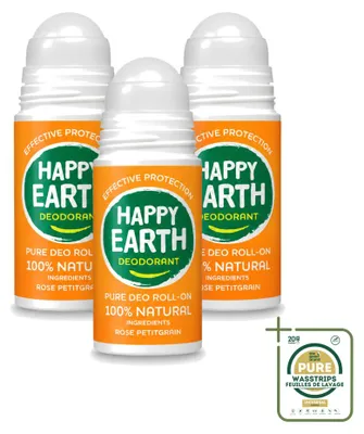 Produktbild von 3 x Happy Earth Deodorant Roll-On Rose Petitgrain - 75 ml - Vorratspackung - 3 Stücke