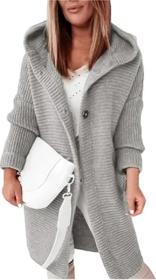 Produktbild von ASKSA Damen Strickjacken Strickmantel Warm Langarm Einfarbig Sweatshirt Grobstrick Hoodie Strickcardigan Mit Kapuze (Grau,L)