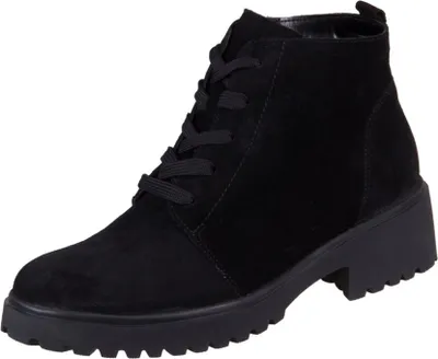 A black suede lace-up ankle boot with a chunky heel is shown against a white background.