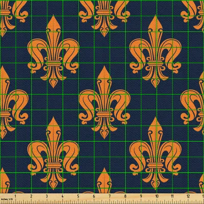Produktbild von ABAKUHAUS Fleur De Lis Gewebe als Meterware, Viktorianisches Blumenmuster der orange Farbe und der lockigen Verzierungs-gotischen Ära, 1 M (148 x 100 cm), Dunkles Blau Orange
