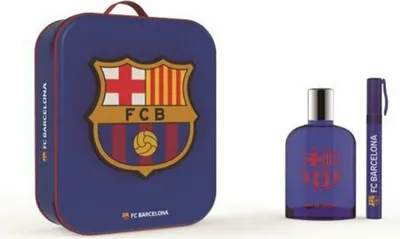 A gift set for FC Barcelona fans, featuring a tin case, a perfume bottle, and a travel-sized spray.