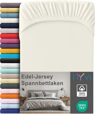 Produktbild von Edel Jersey Spannbettlaken Deluxe für Matratzen bis 25 cm Steghöhe - 100% Baumwolle supergekämmt, 140g/m², Rundumgummizug, Farbe:Creme, Größe:140-160 x 200 cm