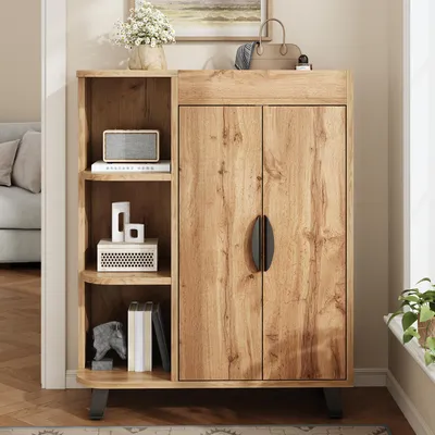 Immagine prodotto di Mobile per scarpe a due ante con vano portaoggetti superiore, mobile per scarpe stretto con 3 ripiani aperti 80x32x99 cm (LxPxA)