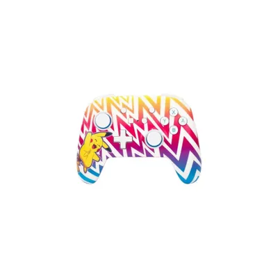 A video game controller with a Pikachu design and a rainbow zigzag pattern.