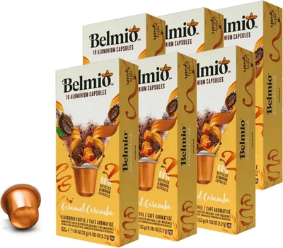 Produktbild von Belmio Caramel Caramba 60 Kaffeekapseln für Nespresso – Gourmet Kaffee mit Karamell-Aroma, 60 Stück Aluminium Kapseln, süß & mild, ideal für Latte