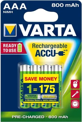 Produktbild von 4x 800mAh AAA Akkus Varta Aufladbare Batterien Micro Akku Ni-MH für Solarleuchten, Lichterkette, Taschenlampe / vorgeladen, geringe Selbstentladung