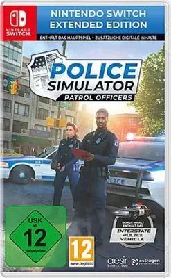 The image shows the Nintendo Switch game box for 'Police Simulator: Patrol Officers Extended Edition'. It features two police officers in uniform standing in front of police cars, with city buildings in the background. There are also age rating symbols and