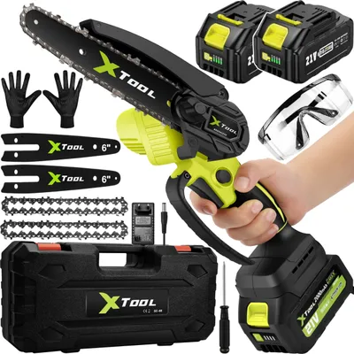 Produktbild von XTool 21V 6" akumulátorová reťazová píla s 2 akumulátormi 2000 mAh - Mini reťazová píla s výkonnou a ľahkou vyvetvovacou pílou na záhradu, drevo a konáre