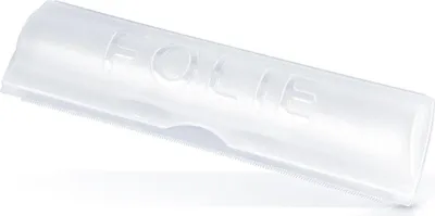 A clear plastic dispenser for plastic wrap or aluminum foil, with the word "FOLIE" embossed on it, is shown against a white background.