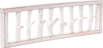 A wooden coat rack with a distressed white finish.