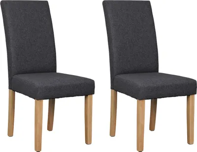 Two dark gray fabric dining chairs with natural wood legs are shown against a white background.