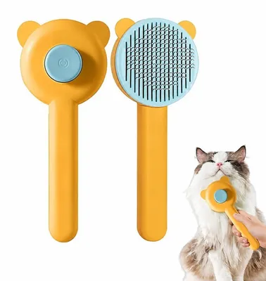 Immagine prodotto di Spazzola per gatti, spazzola per cani con manico, adatta per pelo medio e lungo, rimuove il 90% del pelo caduto, colore arancione e motivo orecchie da orso