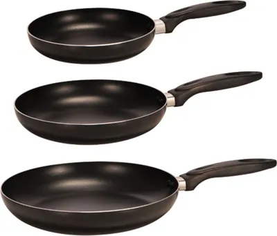 Three black frying pans are stacked vertically against a white background.
