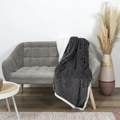 Image de Plaid - HOME DECO FACTORY - Flanelle Côtelé Sherpa - Gris