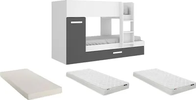 Produktbild von Etagenbett mit Kasten, 3 × 90 × 190 cm - Anthrazitweiß, mit Matratze - ANTHONY