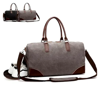 Produktbild von Sporttasche Reisetasche Groß 55L mit Schuh- und Nassfach, Canvas und Leder Duffle Bag für Herren, Vintage Handgepäck Gym Bag (schwarz)
